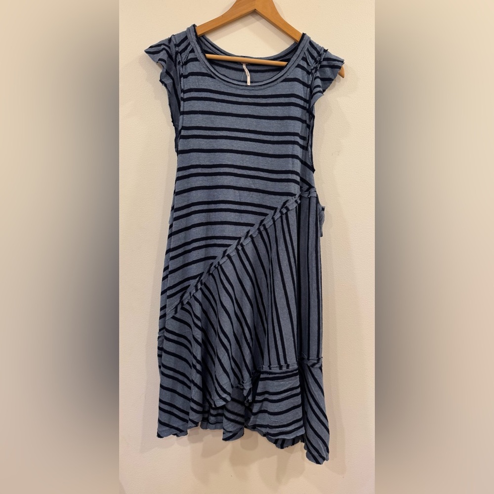 Free People “Between the Lines” Black & Blue Striped Tunic Dress, Large